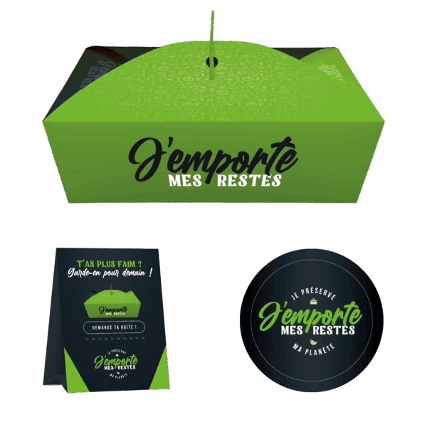 Pack doggy bag, vitrophanie, chevalet pour lutter contre le gaspillage alimentaire