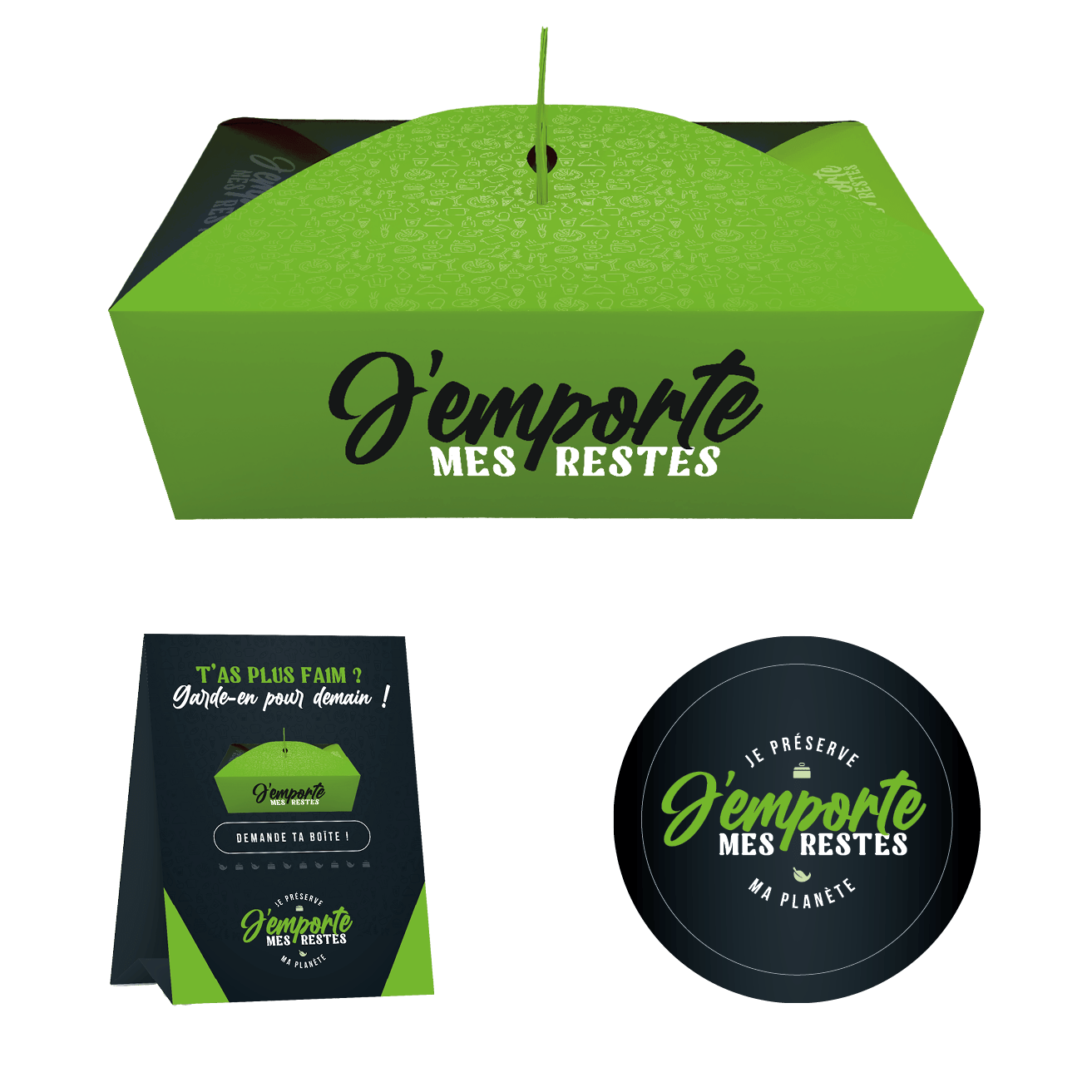 Pack doggy bag, vitrophanie, chevalet pour lutter contre le gaspillage alimentaire