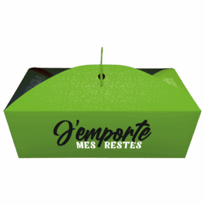 Doggy bag écoresponsable vert et noir avec poignée – carton recyclable issu des forêts durablement gérées pour j'emporte mes restes, la doggy bag française