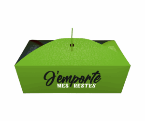 J'emporte mes restes, une doggy bag française écoresponsable pour cet emballage alimentaire recyclable, au design vert et noir avec poignée de transport