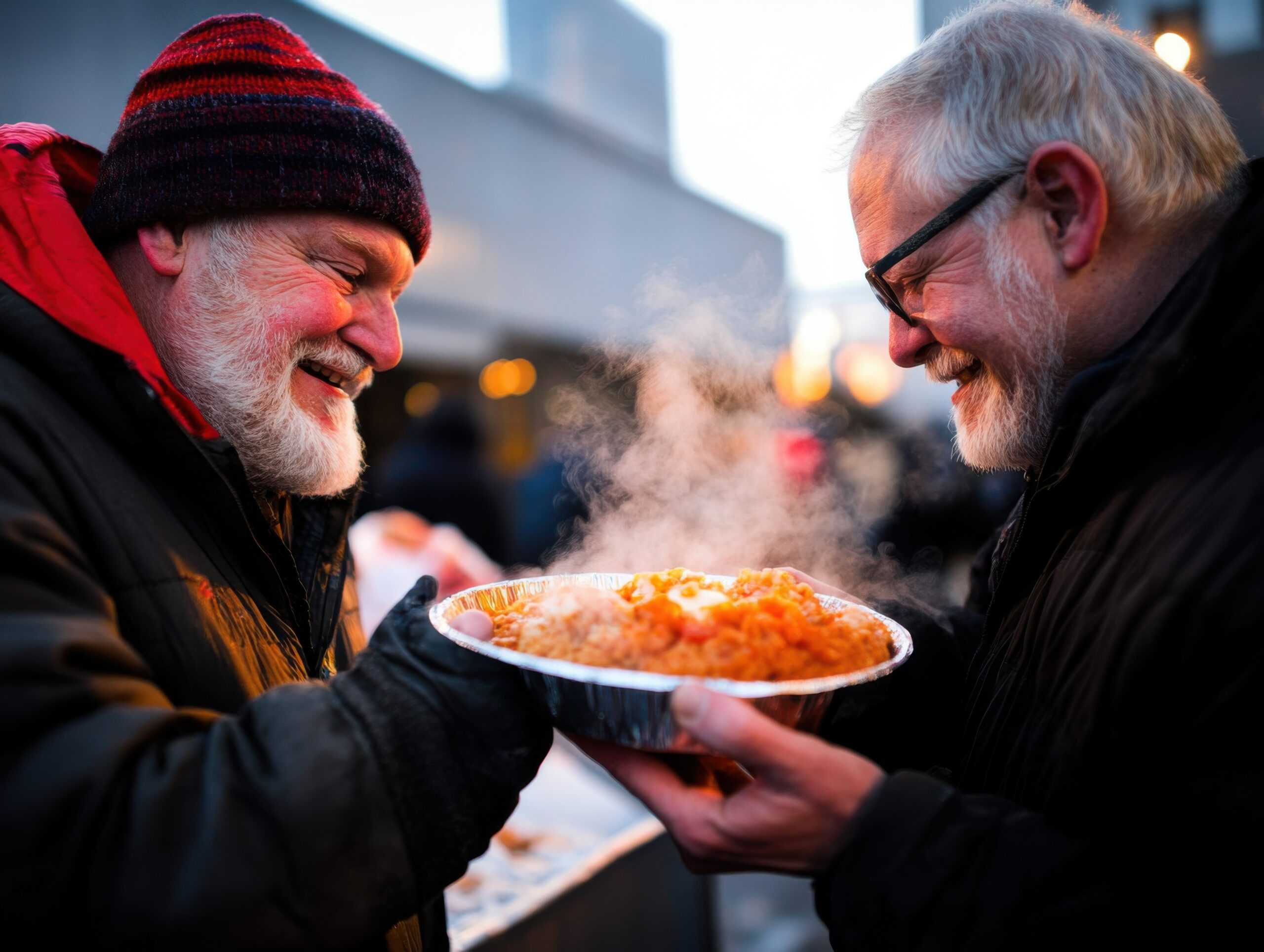 Voisins partageant un reste de plat fait maison pour lutter contre le gaspillage alimentaire.